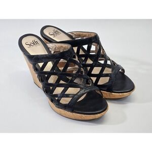 SOFFT 10 Trieste Black Cork Wedge Sandals‎ Heels Open Knit leather EUC shoes